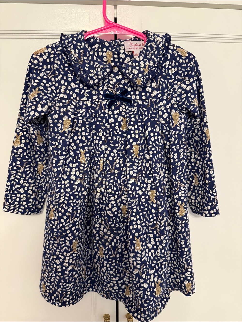 Trotters London Navy Floral Bunny Dress with Velvet Bow - 18 - 24 months